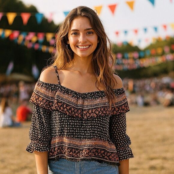 Hagel Crop Top XS Cold Shoulder Multicolor Ruffle Boho Y2K Festival Prairie Chic - Picture 1 of 10